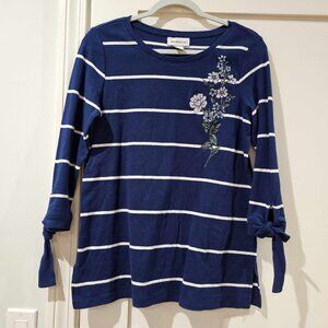 Liz Claiborne Navy Striped Embroidered Floral Tie-Sleeve Top Size S 100% Cotton